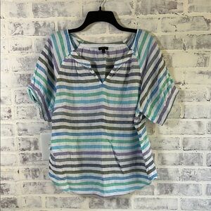 Talbots Women Linen Shirt S/S Top White Blue Stripes Coastal Stripe Petite Large